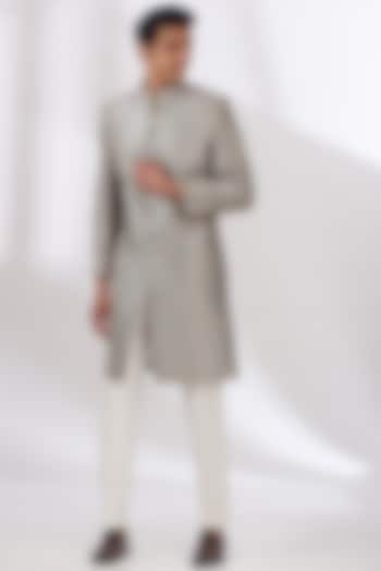 Pastel Grey Raw Silk Hand Embroidered Sherwani Set by Dev Kumar