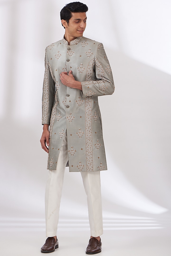 Pastel Grey Raw Silk Hand Embroidered Sherwani Set by Dev Kumar