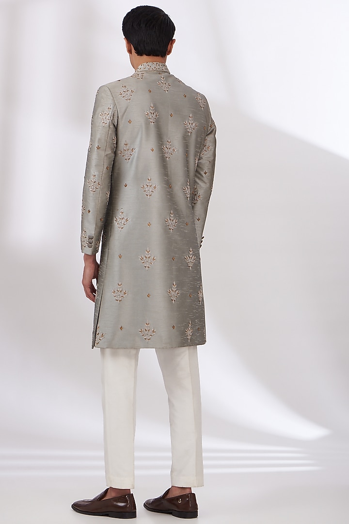 Pastel Grey Raw Silk Hand Embroidered Wedding Sherwani Set by Dev Kumar at Pernia's Pop Up Shop