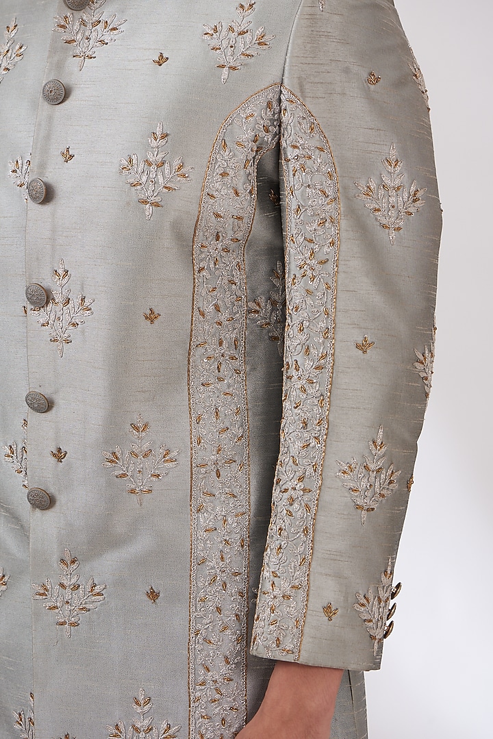 Pastel Grey Raw Silk Hand Embroidered Wedding Sherwani Set by Dev Kumar at Pernia's Pop Up Shop