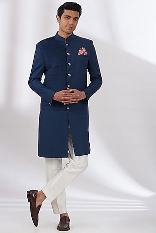 Blue Terry Rayon Sherwani Set by Dev Kumar