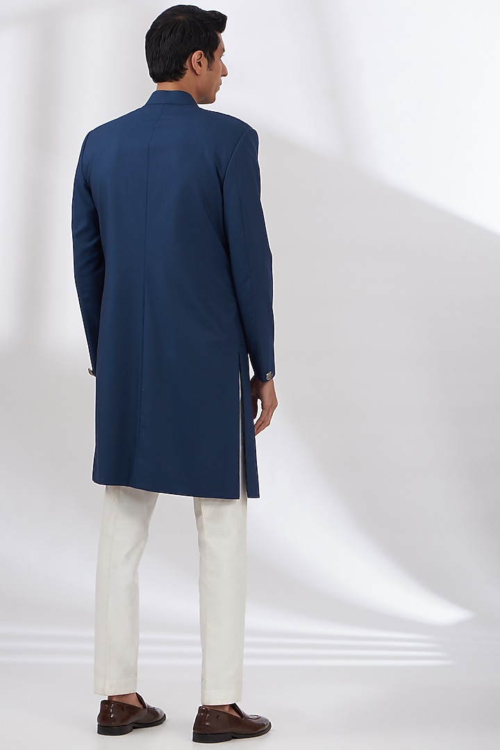 Blue Terry Rayon Wedding Sherwani Set by Dev Kumar at Pernia's Pop Up Shop