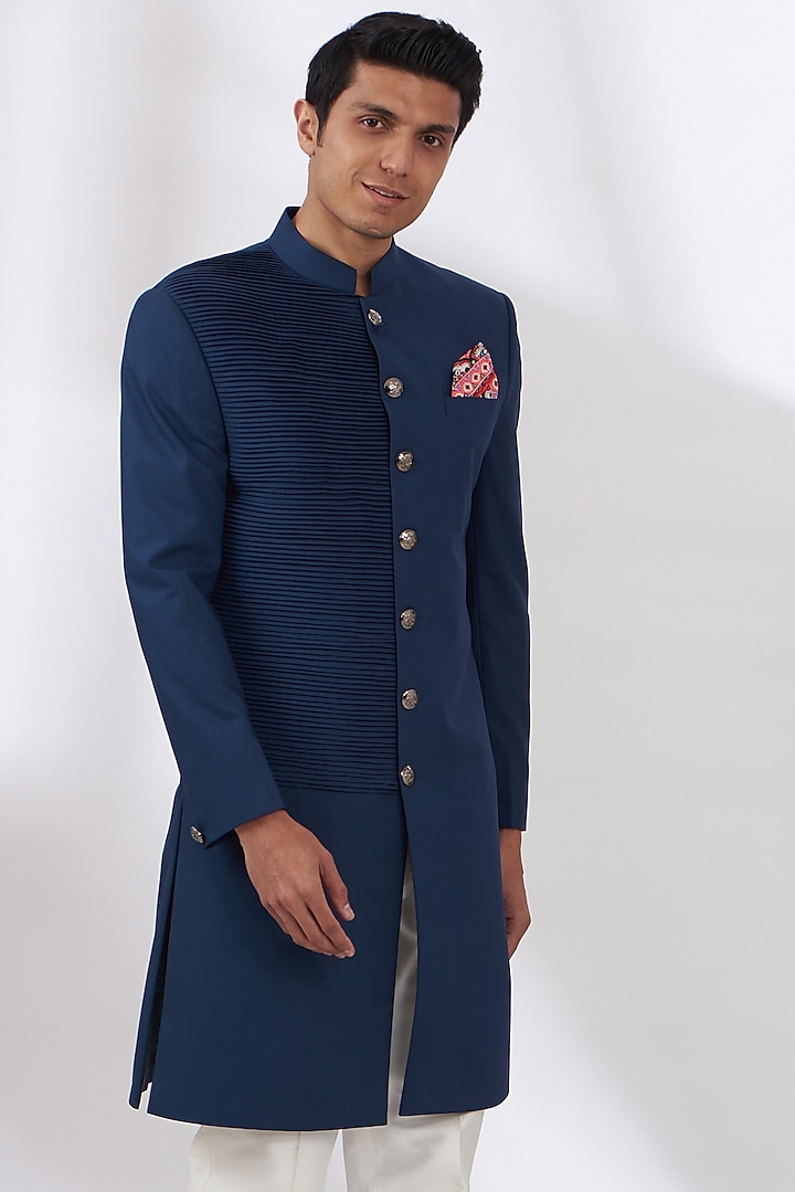 Blue Terry Rayon Wedding Sherwani Set by Dev Kumar at Pernia's Pop Up Shop
