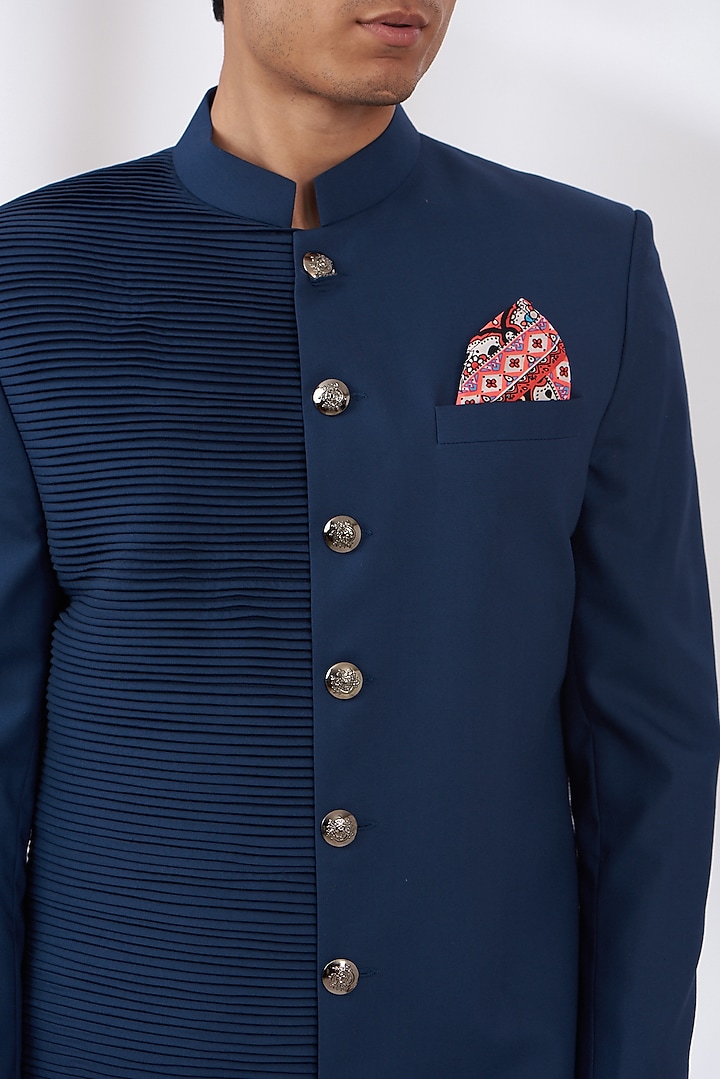 Blue Terry Rayon Wedding Sherwani Set by Dev Kumar at Pernia's Pop Up Shop