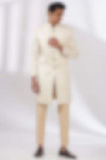 Beige Raw Silk Digital Printed Wedding Sherwani Set by Dev Kumar at Pernia's Pop Up Shop