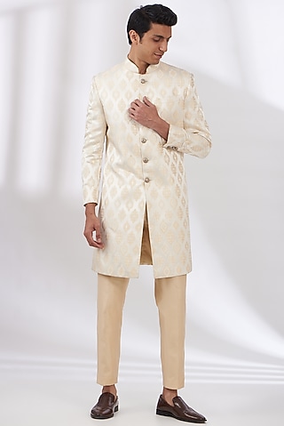 Beige Raw Silk Digital Printed Sherwani Set by Dev Kumar