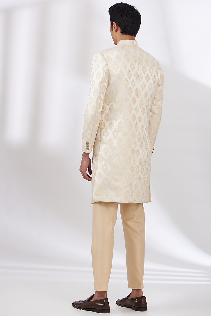 Beige Raw Silk Digital Printed Wedding Sherwani Set by Dev Kumar at Pernia's Pop Up Shop
