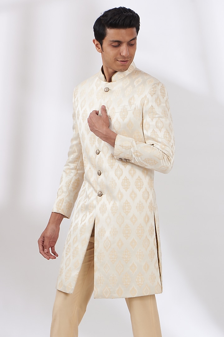 Beige Raw Silk Digital Printed Wedding Sherwani Set by Dev Kumar at Pernia's Pop Up Shop