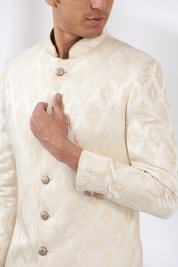 Beige Raw Silk Digital Printed Wedding Sherwani Set by Dev Kumar at Pernia's Pop Up Shop