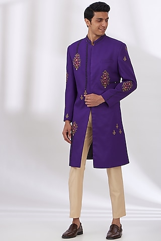 Purple Terry Rayon Hand Embroidered Sherwani Set by Dev Kumar