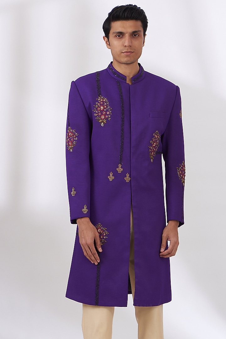 Purple Terry Rayon Hand Embroidered Wedding Sherwani Set by Dev Kumar at Pernia's Pop Up Shop
