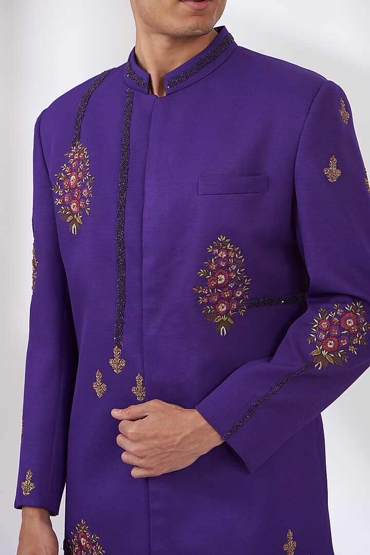 Purple Terry Rayon Hand Embroidered Wedding Sherwani Set by Dev Kumar at Pernia's Pop Up Shop