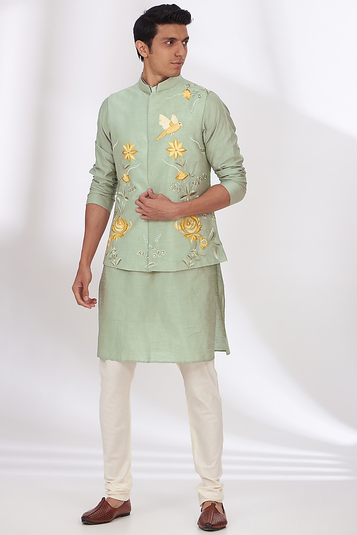 Light Green Raw Silk Embroidered Bundi Set by Dev Kumar