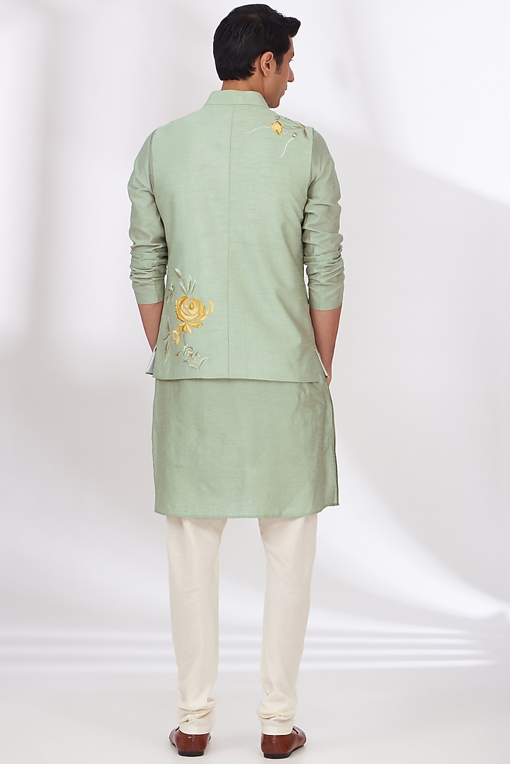 Light Green Raw Silk Embroidered Bundi Set by Dev Kumar at Pernia's Pop Up Shop