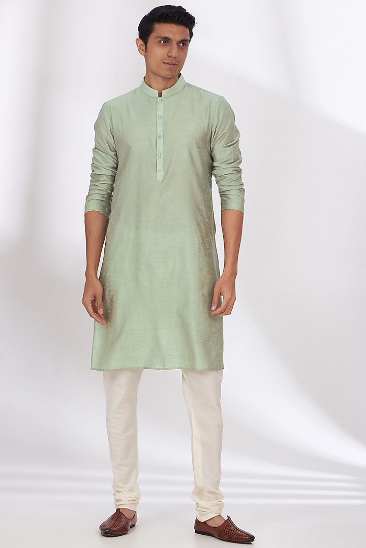Light Green Raw Silk Embroidered Bundi Set by Dev Kumar at Pernia's Pop Up Shop