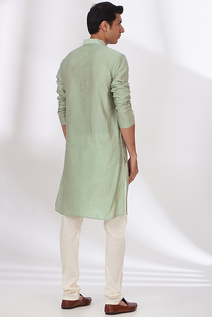 Light Green Raw Silk Embroidered Bundi Set by Dev Kumar at Pernia's Pop Up Shop