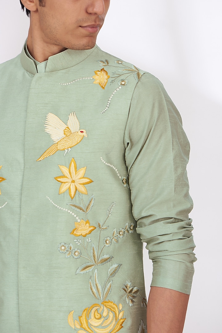 Light Green Raw Silk Embroidered Bundi Set by Dev Kumar at Pernia's Pop Up Shop