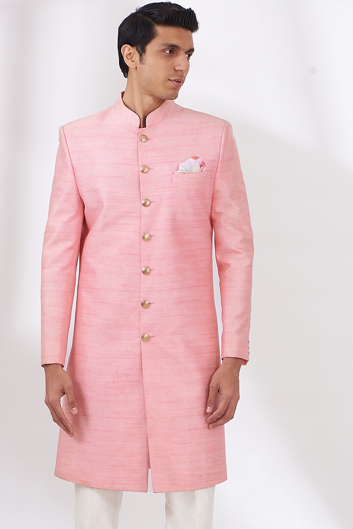 Pink Raw Silk Wedding Sherwani Set by Dev Kumar at Pernia's Pop Up Shop