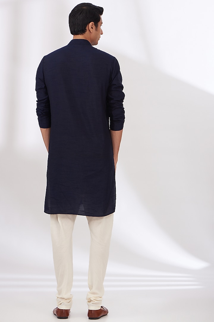 Dark Blue Raw Silk Hand Embroidered Bundi Set by Dev Kumar at Pernia's Pop Up Shop
