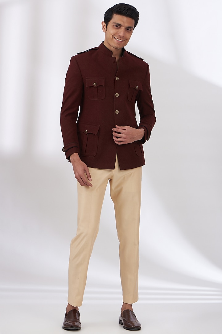 WineTerry Wool Bandhgala Set by Dev Kumar