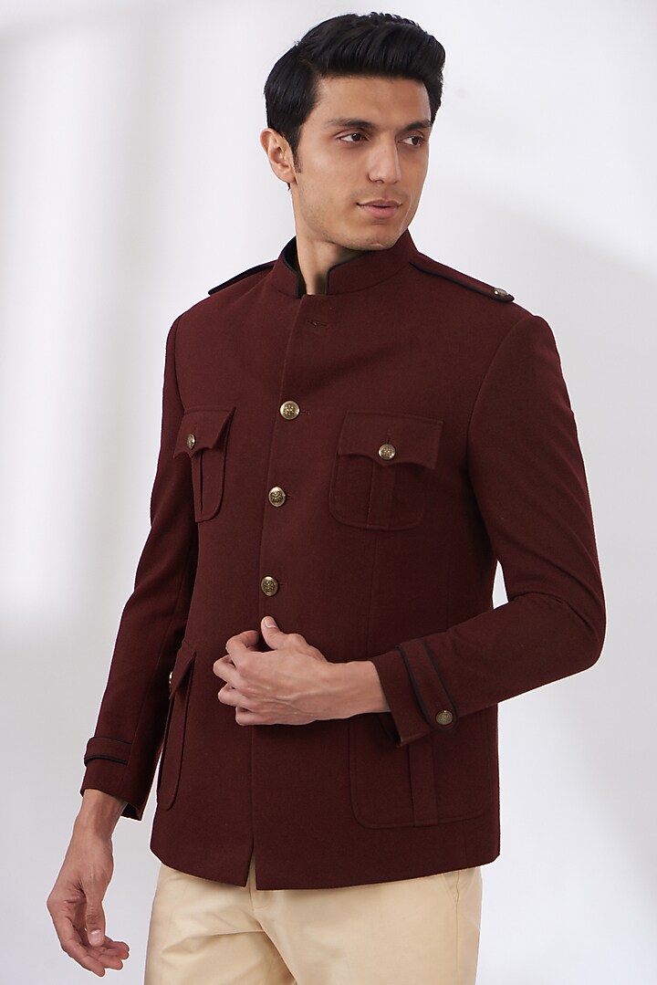WineTerry Wool Wedding Bandhgala Set by Dev Kumar at Pernia's Pop Up Shop