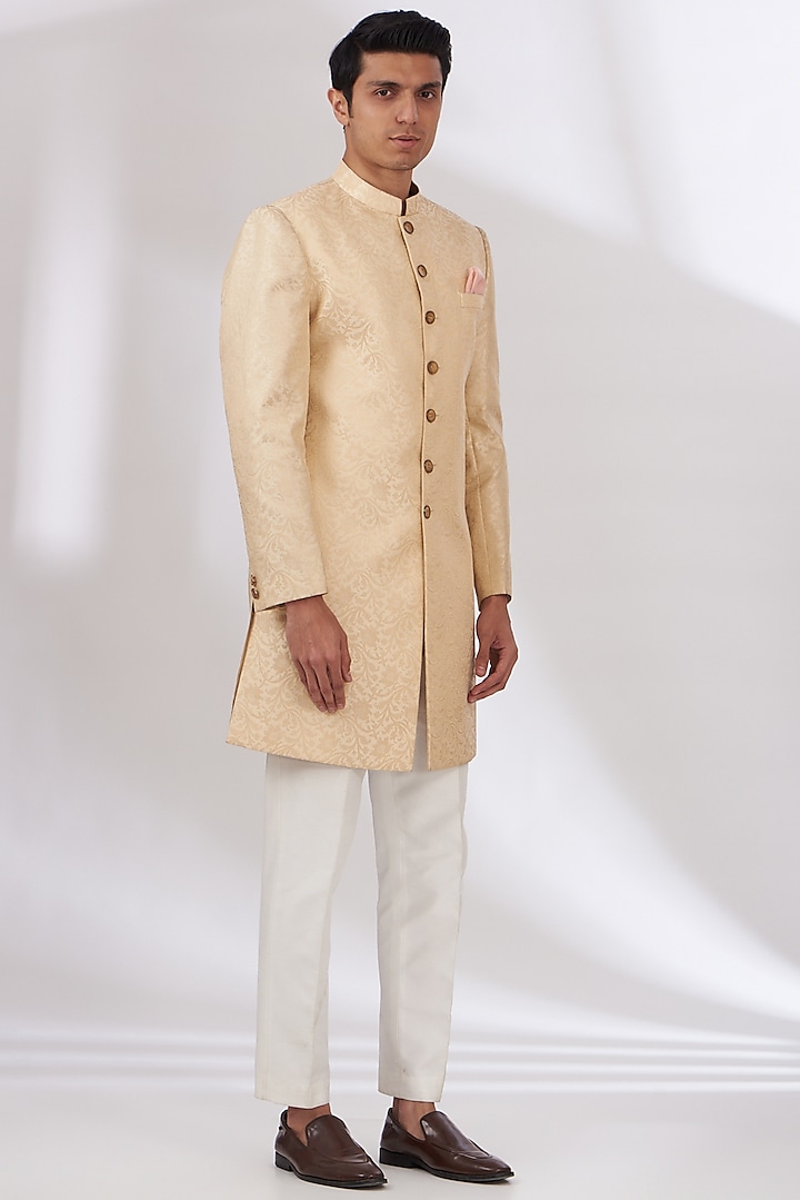 Beige Kimkhab Brocade Wedding Sherwani Set by Dev Kumar at Pernia's Pop Up Shop