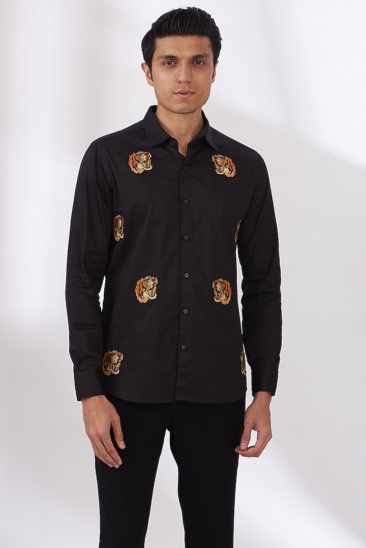 Black Cotton Satin Party Wear Shirt by Dev Kumar at Pernia's Pop Up Shop