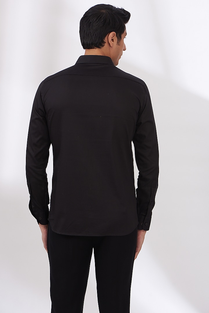 Black Cotton Satin Party Wear Shirt by Dev Kumar at Pernia's Pop Up Shop