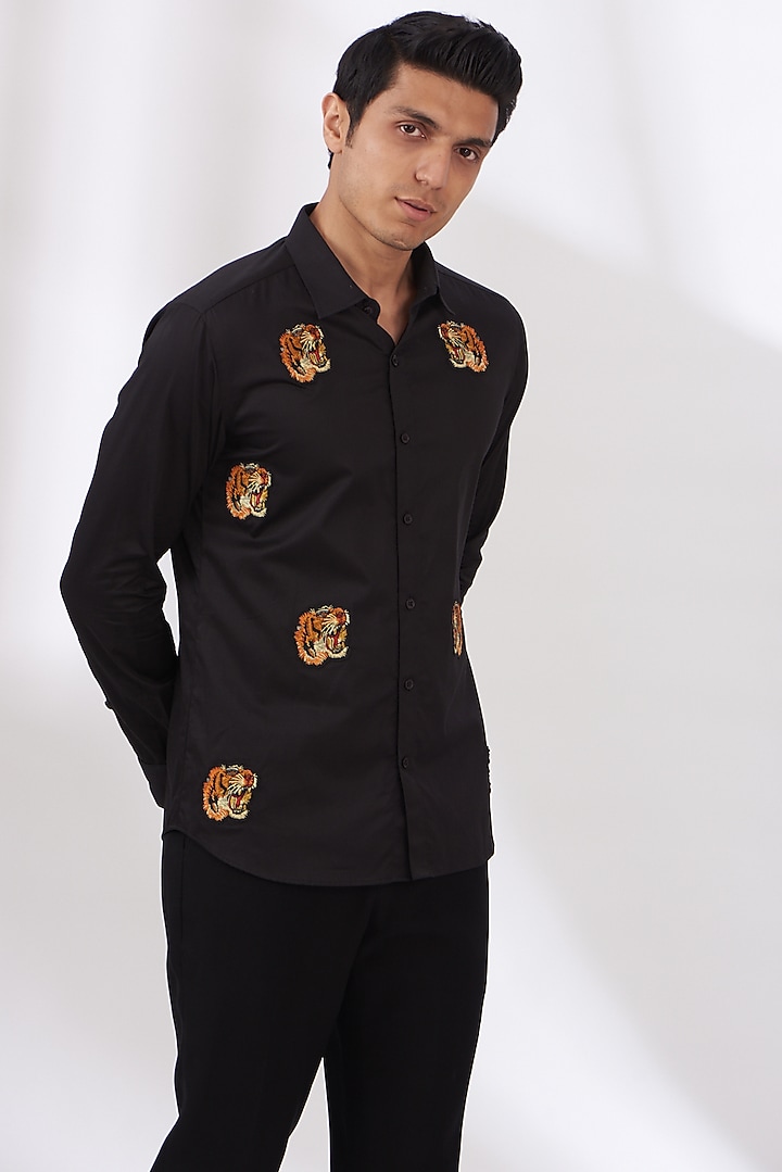 Black Cotton Satin Party Wear Shirt by Dev Kumar at Pernia's Pop Up Shop