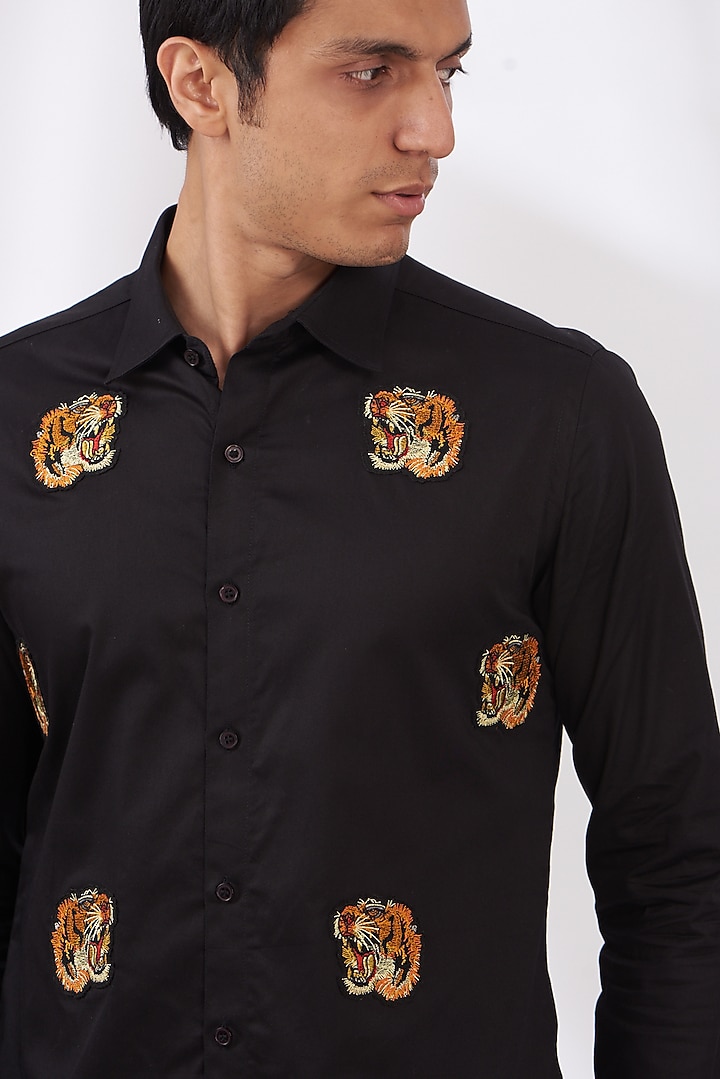 Black Cotton Satin Party Wear Shirt by Dev Kumar at Pernia's Pop Up Shop
