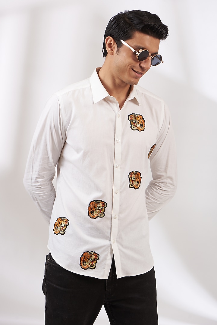White Cotton Satin Party Wear Shirt by Dev Kumar at Pernia's Pop Up Shop