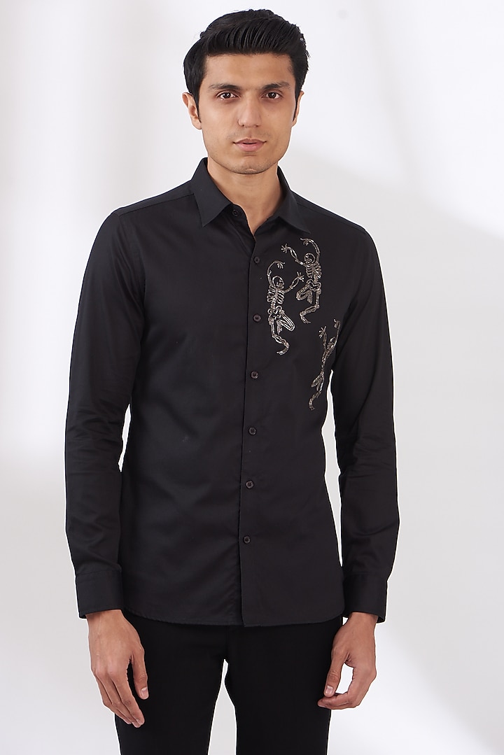 Black Cotton Satin Embroidered Party Wear Shirt by Dev Kumar at Pernia's Pop Up Shop