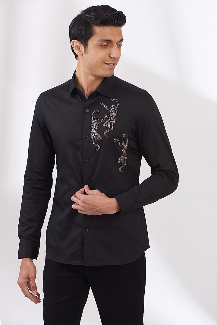 Black Cotton Satin Embroidered Party Wear Shirt by Dev Kumar at Pernia's Pop Up Shop