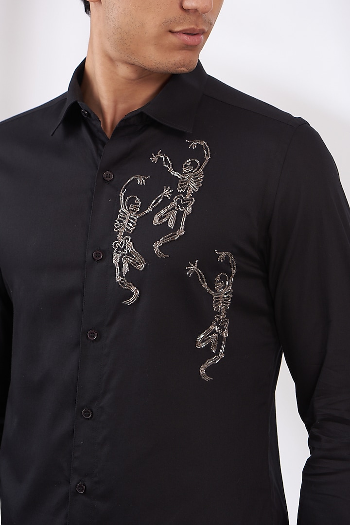 Black Cotton Satin Embroidered Party Wear Shirt by Dev Kumar at Pernia's Pop Up Shop