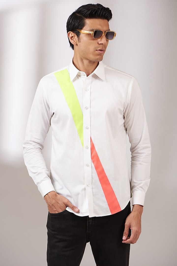 White Cotton Satin Party Wear Shirt by Dev Kumar at Pernia's Pop Up Shop