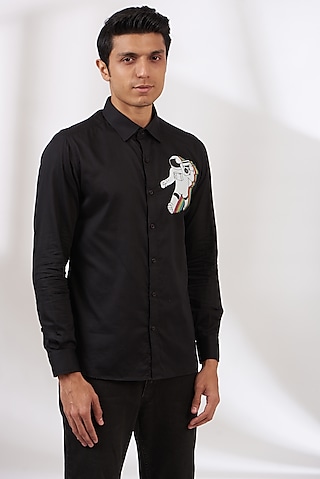 Tiger Black Satin Mandarin Collar Shirt - SNITCH