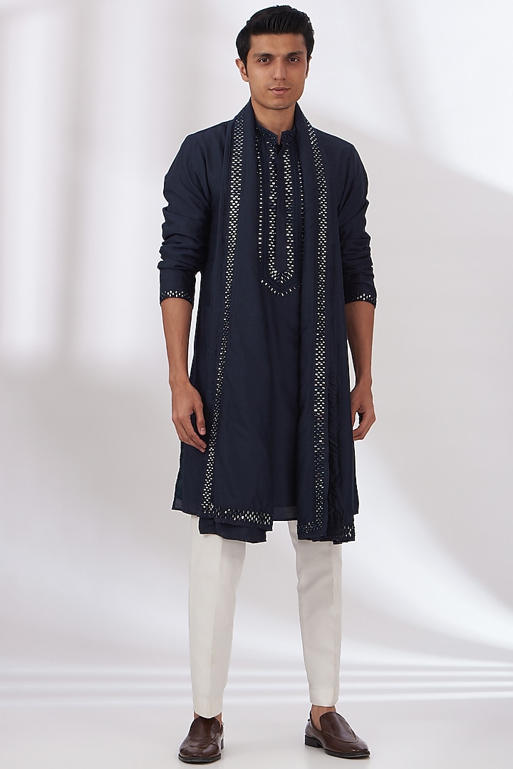 Navy Blue Cotton Silk Embroidered Kurta Set by Dev Kumar