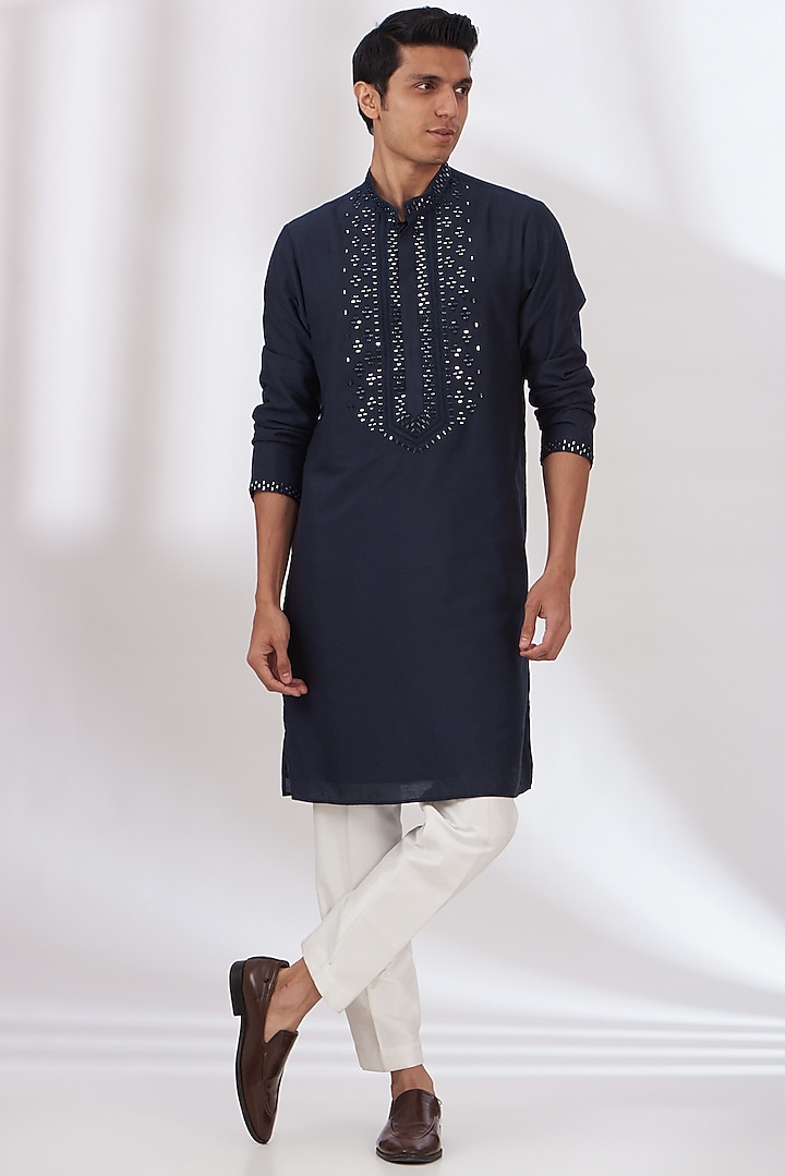 Navy Blue Cotton Silk Embroidered Kurta Set by Dev Kumar at Pernia's Pop Up Shop