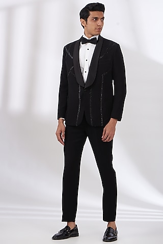 Black Italian Crepe Hand Embroidered Tuxedo Set by Dev Kumar