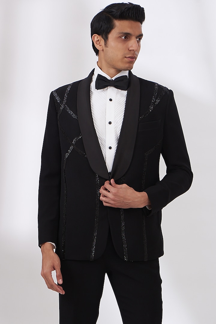 Black Italian Crepe Hand Embroidered Tuxedo Set by Dev Kumar at Pernia's Pop Up Shop