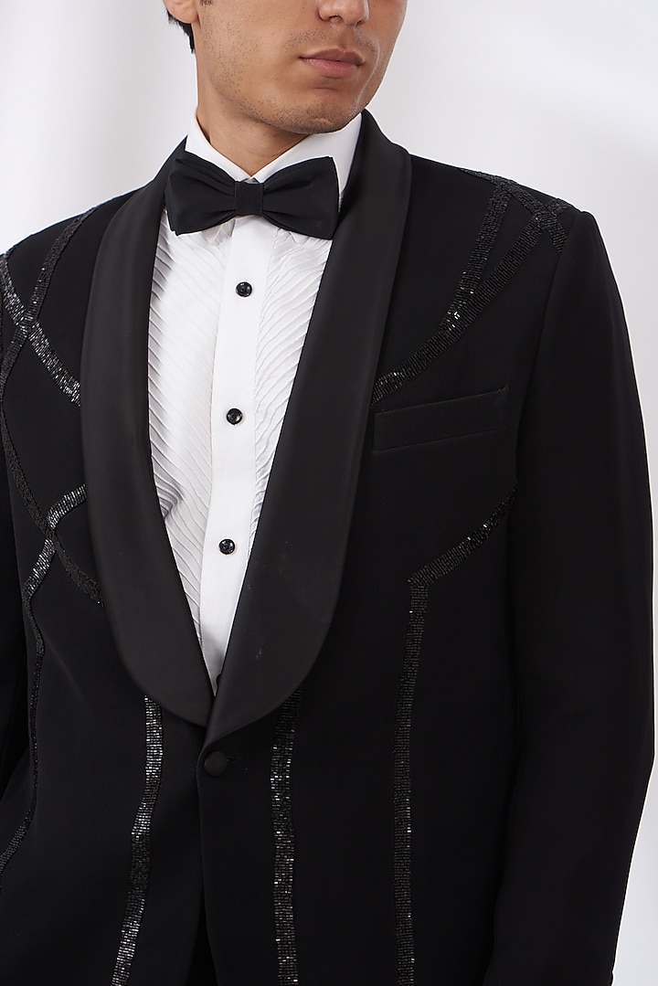 Black Italian Crepe Hand Embroidered Tuxedo Set by Dev Kumar at Pernia's Pop Up Shop