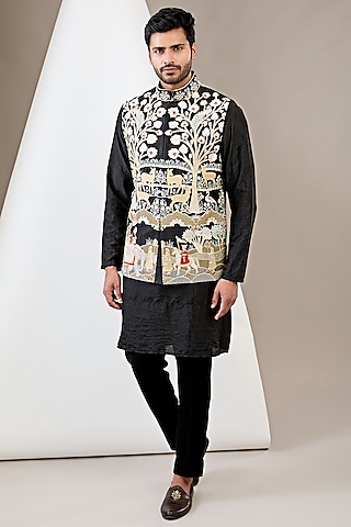 Black Raw Silk Resham Embroidered Bundi Jacket Set by Dev Kumar