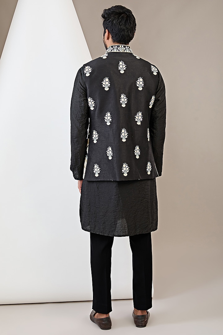Black Raw Silk Resham Embroidered Bundi Jacket Set by Dev Kumar at Pernia's Pop Up Shop