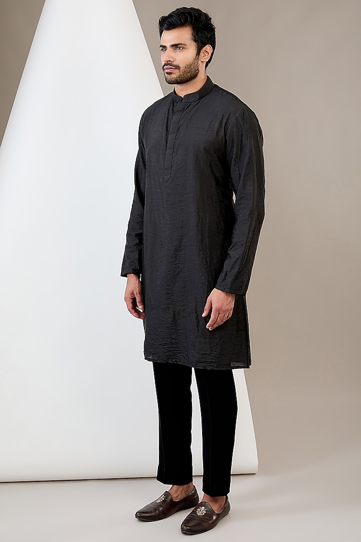 Black Raw Silk Resham Embroidered Bundi Jacket Set by Dev Kumar at Pernia's Pop Up Shop