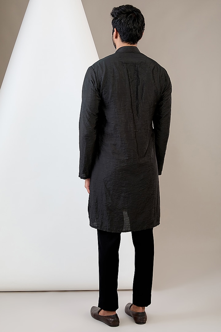 Black Raw Silk Resham Embroidered Bundi Jacket Set by Dev Kumar at Pernia's Pop Up Shop