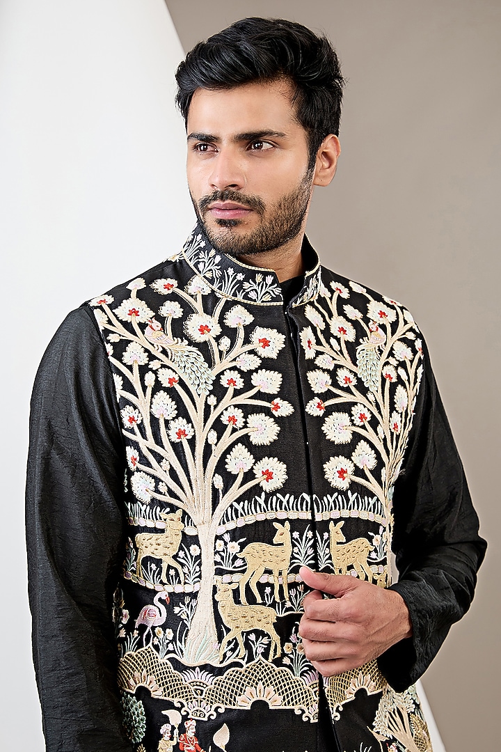 Black Raw Silk Resham Embroidered Bundi Jacket Set by Dev Kumar at Pernia's Pop Up Shop