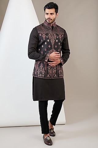 Black Raw Silk Machine Embroidered Bundi Jacket Set by Dev Kumar