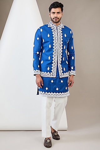 Blue Cotton Rayon Dori Embroidered Bundi Jacket Set by Dev Kumar