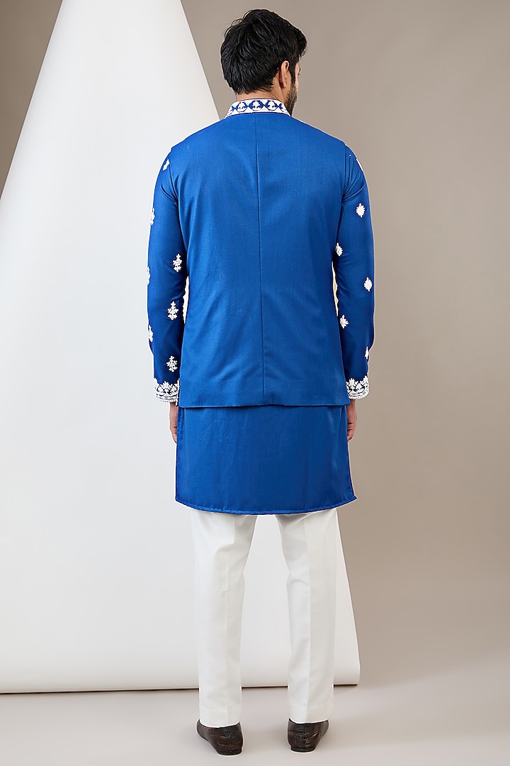 Blue Cotton Rayon Dori Embroidered Bundi Jacket Set by Dev Kumar at Pernia's Pop Up Shop