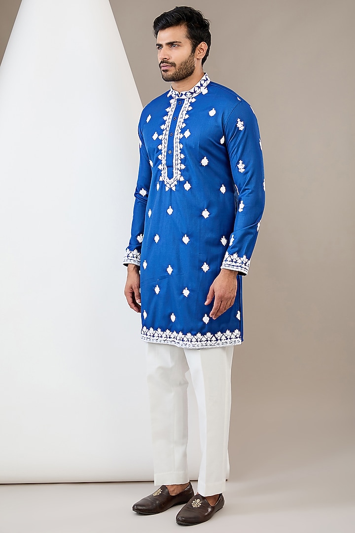 Blue Cotton Rayon Dori Embroidered Bundi Jacket Set by Dev Kumar at Pernia's Pop Up Shop